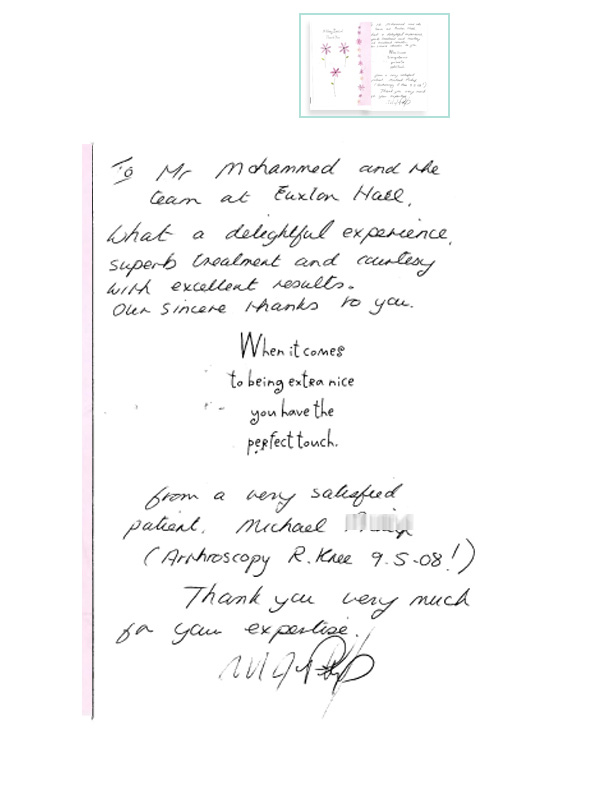 patients review of arthroscopy surgery performed at the north west hip and knee clinc by Mr Aslam Mohammed 